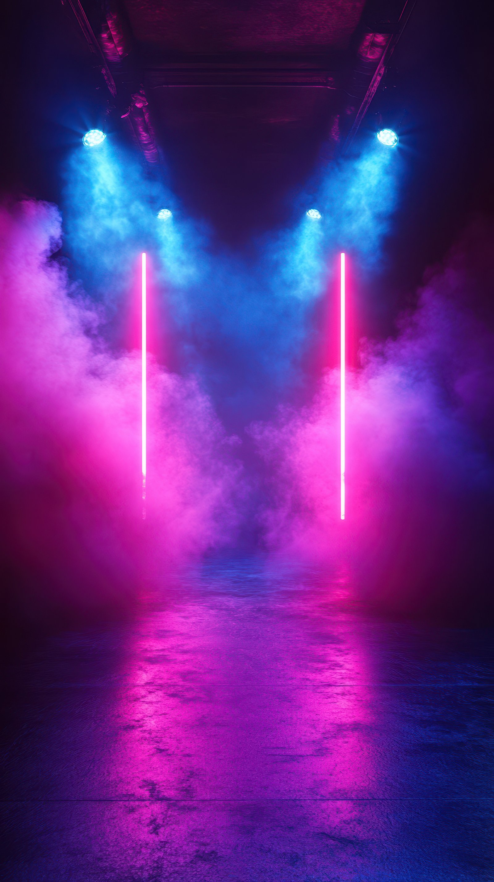 Vibrant neon lights illuminate a smoky corridor in a modern event space during an evening gathering
